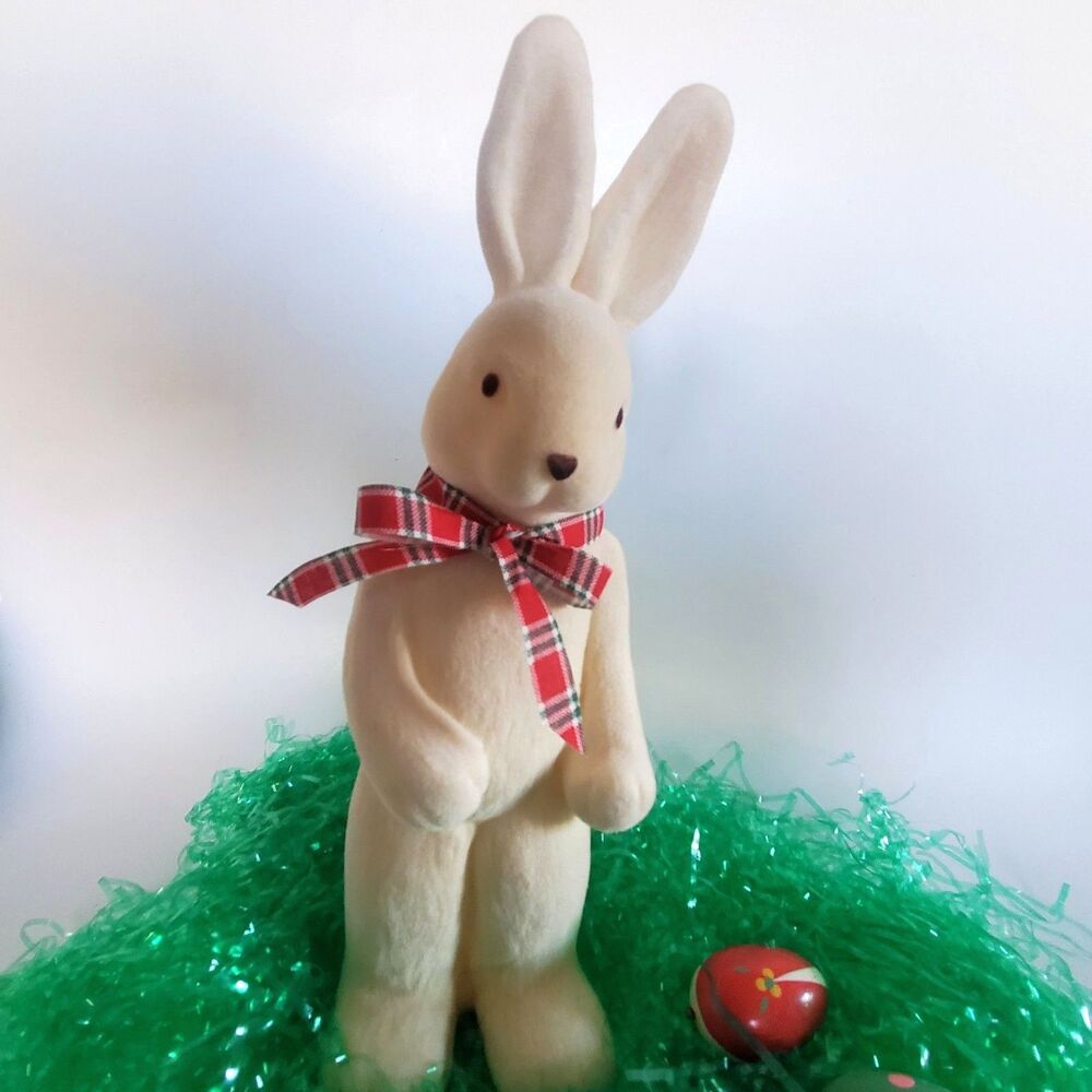 Vtg Flocked Easter Bunny Rabbit Standing 11" Posable &3 Mini Painted Wood Eggs